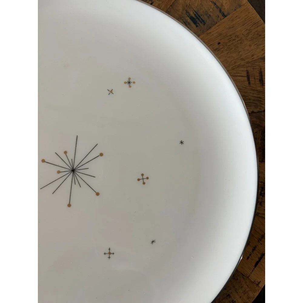 Syracuse‎ China Evening Star Dinner Plates Atomic Starburst MCM White Silver Rim